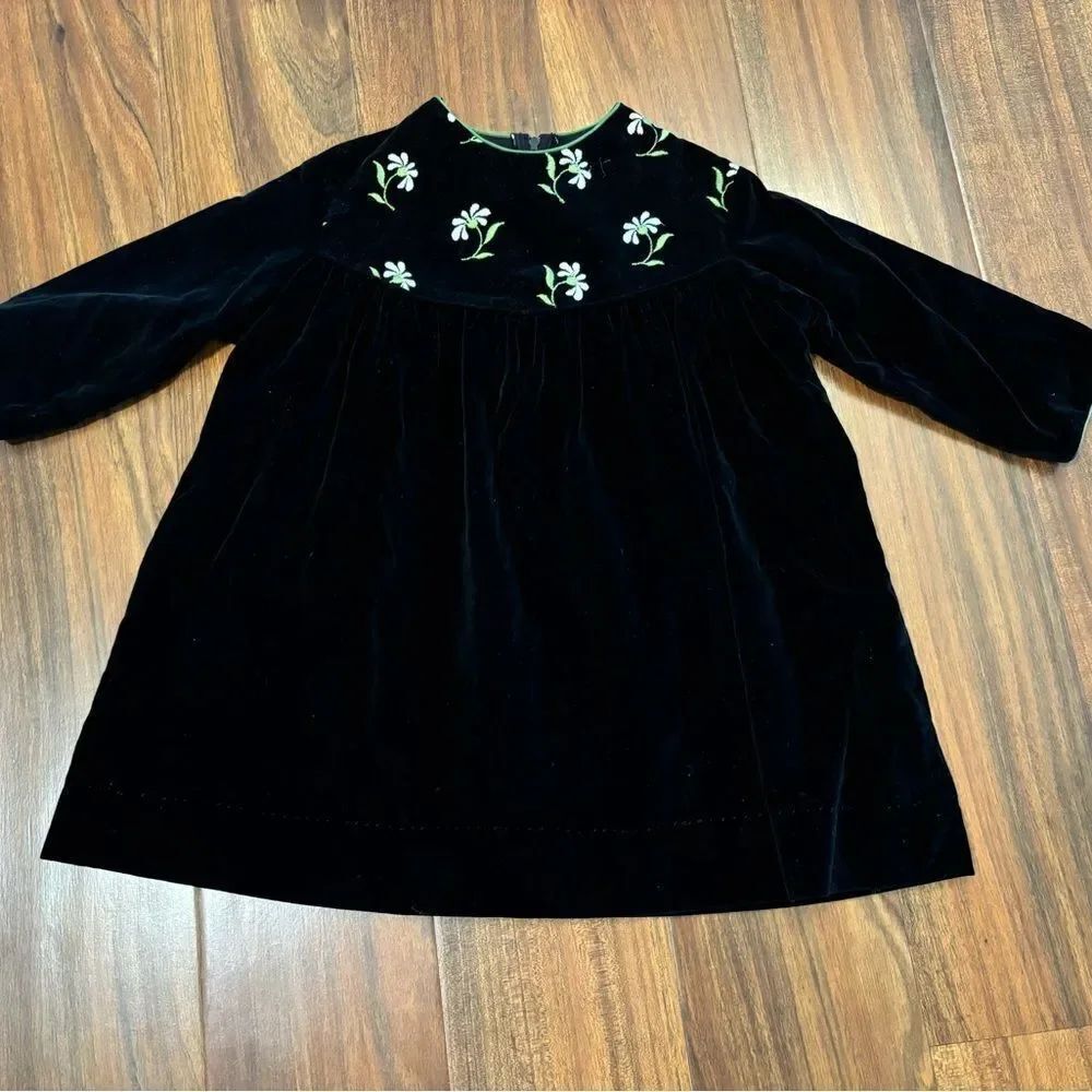 Patty Dee Vintage black velvet embroidered flower long sleeve dress
